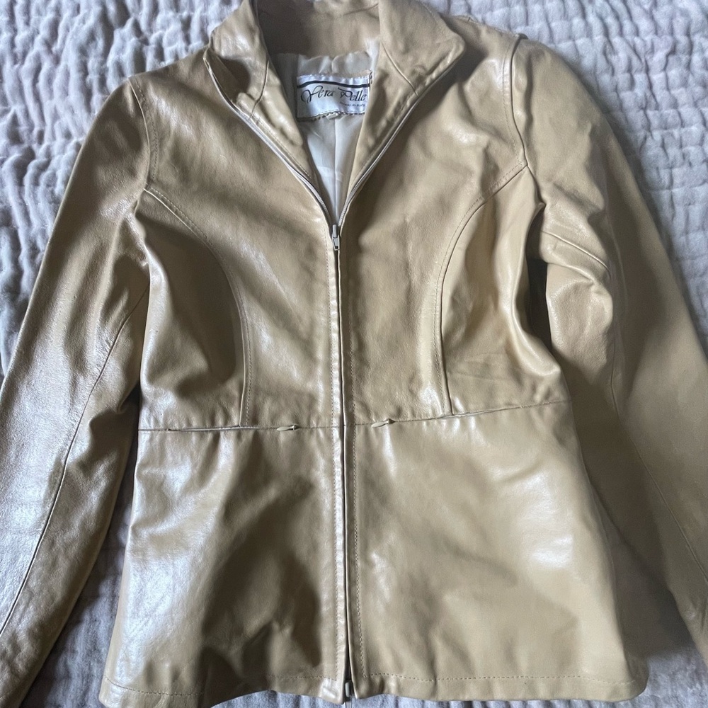 VERA PELLE Leather Moto Blazer Jacket Waist Tie Champagne Tan Vintage w/ Flaws